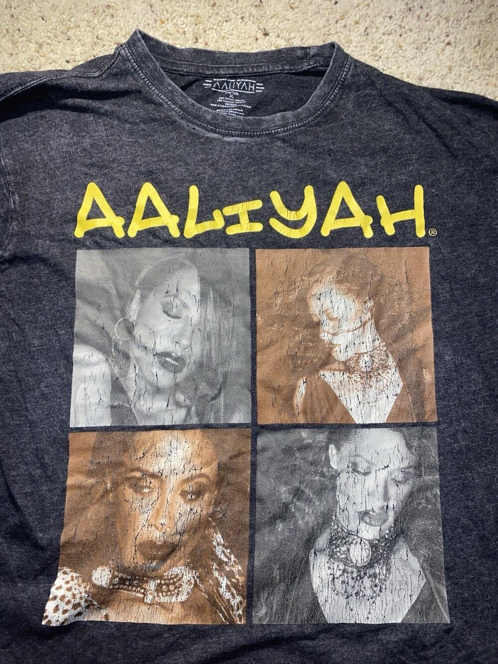 Vintage Aaliyah 2000s Rapper Distressed Graphic Adult XL Black Washed Tee Shirt